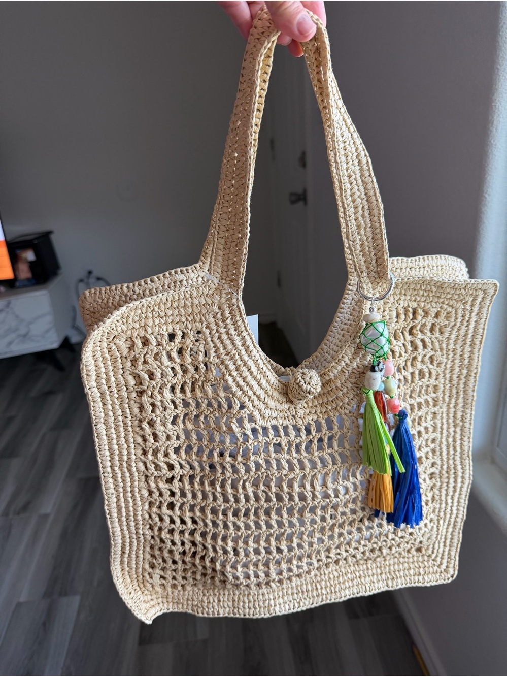 Woven Straw Tote Bag with Tassel Charm - Natural